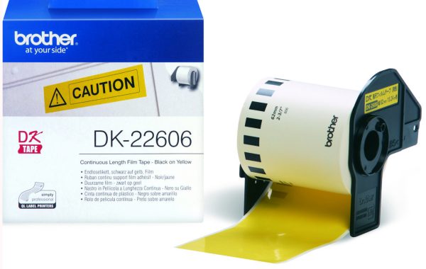 Ruban continu film adhésif 62mm noir / jaune - DK22606