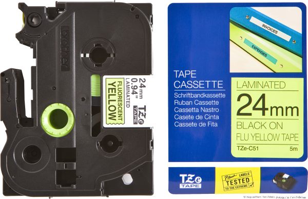 Ruban TZ laminé 24mm noir / jaune fluo - TZEC51